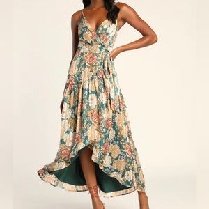 NWT Lulu’s Botanical Blessings Green Floral Lurex High Low Wrap Midi Dress